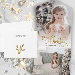 Elegant Gold Merry-kerstkalligrafie Foto All In One Uitnodiging