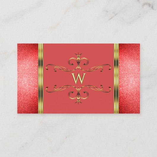Elegant Gold met Ruby Red Glitter en Monogram Visitekaartje (Voorkant)
