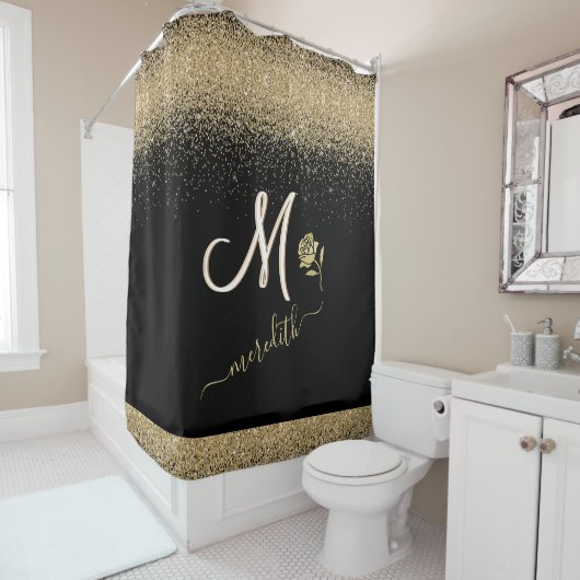 Elegant Gold met zwarte aangepaste monogram naam R Douchegordijn (In situ)