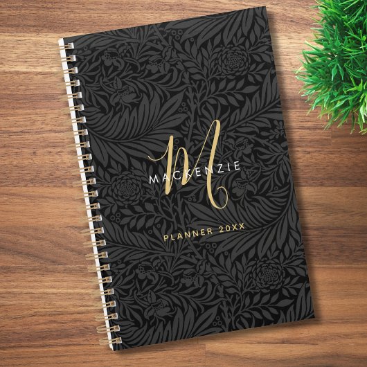 Elegant Gold Monogram Black Floral 2026 Planner
