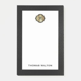 Elegant Gold Monogram Black Leather Look Post-it® Notes