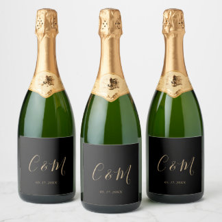 Elegant Gold Monogram Black Weddenschap Wijn Label Sparkling Wijnetiket