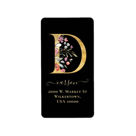 Elegant Gold Monogram D Floral Address Label (Voorkant)