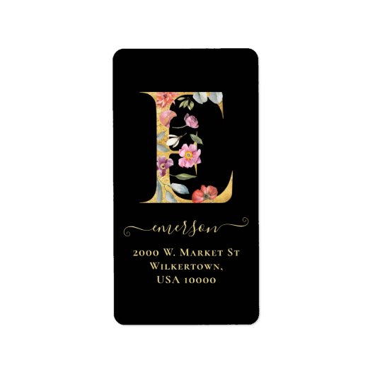 Elegant Gold Monogram E Floral Adres Etiket (Voorkant)