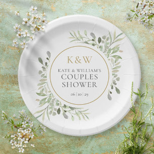 Elegant Gold Monogram Greenery Couples Shower Papieren Bordje