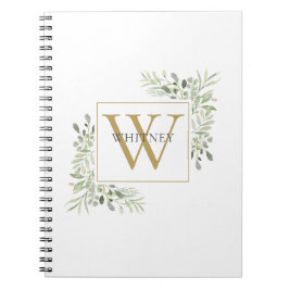 Elegant Gold Monogram Greenery Foliage Notitieboek