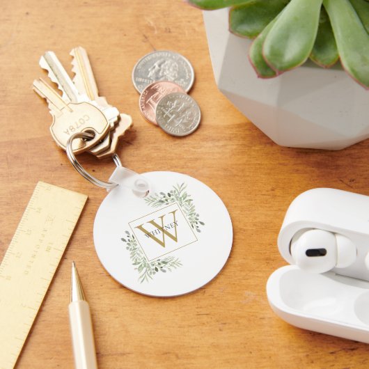 Elegant Gold Monogram Greenery gepersonaliseerd Sleutelhanger (Bureau)