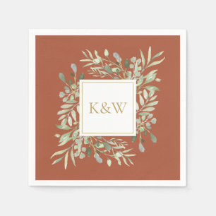 Elegant Gold Monogram Greenery Terracotta Servet