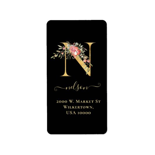 Elegant Gold Monogram N Floral Address Label (Voorkant)
