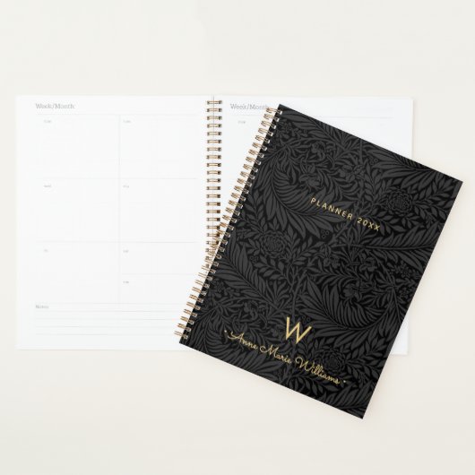 Elegant Gold Monogram Name Black Floral 2026 (Devant avec enveloppe)