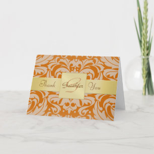 Elegant Gold Monogram Oranje Damask Hartelijk dank Bedankkaart