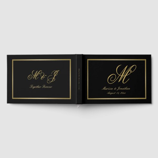 Elegant Gold Monogram Script Black Weddenschap Gastenboek (Volledig)