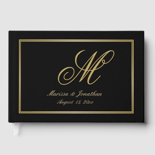 Elegant Gold Monogram Script Black Weddenschap Gastenboek (Voorkant)