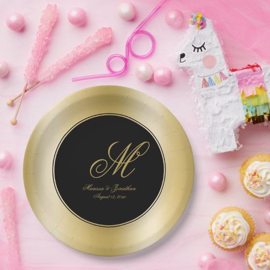 Elegant Gold Monogram Script Black Weddenschap Papieren Bordje (Feest)