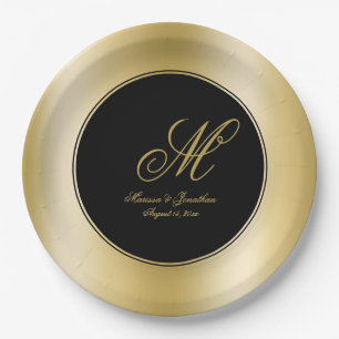 Elegant Gold Monogram Script Black Weddenschap Papieren Bordje