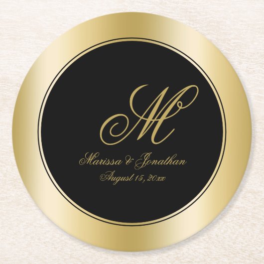 Elegant Gold Monogram Script Black Weddenschap Ronde Kartonnen Onderzetter (Voorkant)