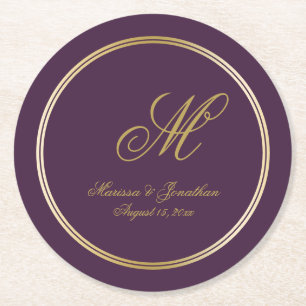 Elegant Gold Monogram Script Plum Paars Wedding Ronde Kartonnen Onderzetter