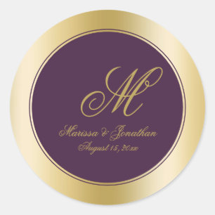 Elegant Gold Monogram Script Plum Paars Wedding Ronde Sticker