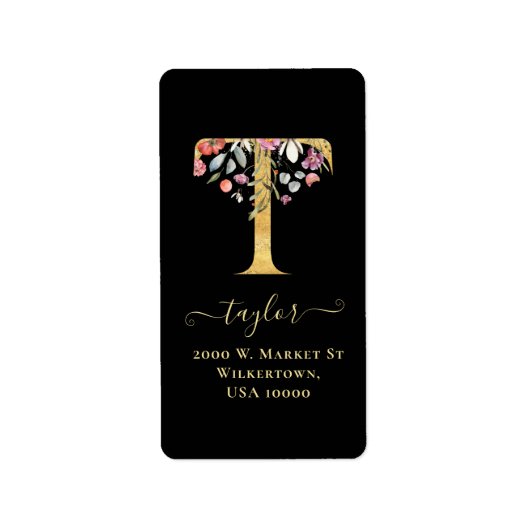 Elegant Gold Monogram T Floral Address Label (Voorkant)