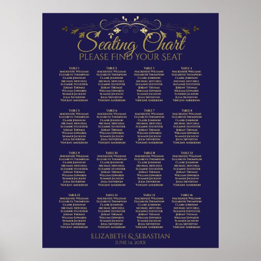 Elégant Gold & Navy 16 Tableau Mariage (Devant)