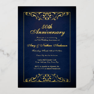 Elegant Gold Navy 50ste bruiloft Jubileum Folie Uitnodiging