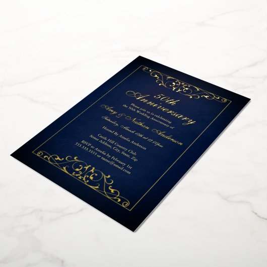 Elegant Gold Navy 50ste bruiloft Jubileum Folie Uitnodiging (Gedraaid)