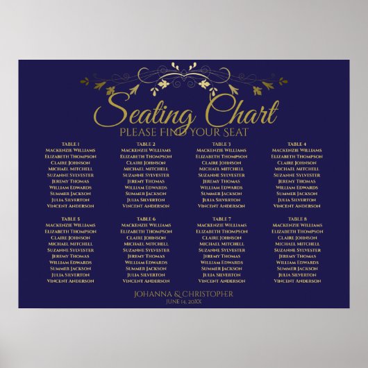Elégant Gold & Navy 8 Table Mariage Tableau de siè (Devant)