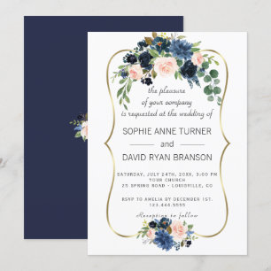 Elegant Gold Navy Blue Blush Flowers Bloom Wedding Kaart
