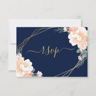 Elegant Gold Navy Blue Blush Peach Floral Wedding RSVP Kaartje