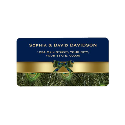 Elegant Gold Navy Blue Peacock Feathers Wedding Etiket (Voorkant)