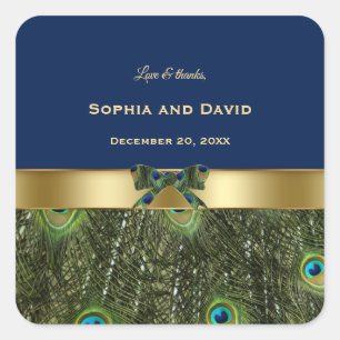 Elegant Gold Navy Blue Peacock Feathers Wedding Vierkante Sticker