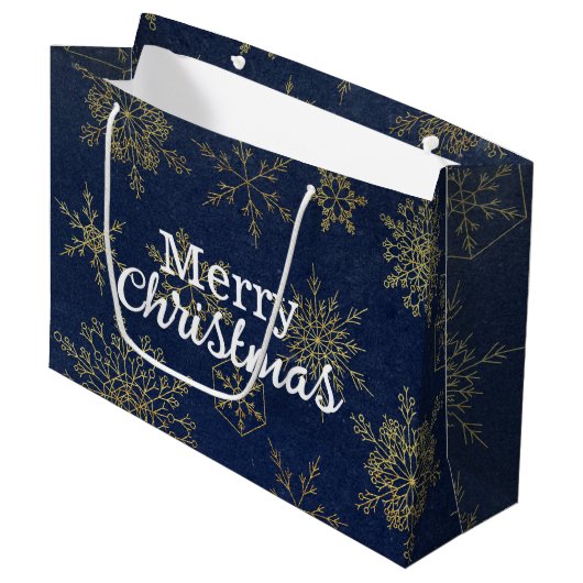 Elegant Gold Navy Blue Snowflakes Merry Kerstmis Groot Cadeauzakje (Voorkant Gekanteld)
