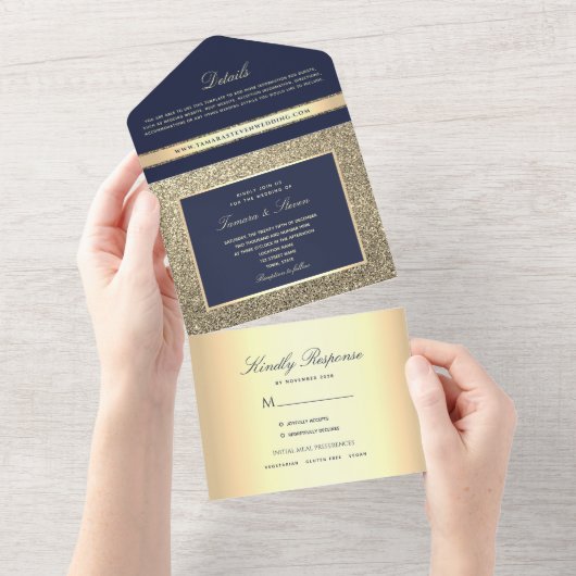 Elegant Gold Navy Blue Wedding Invitation All In One Uitnodiging (Afscheurbaar)
