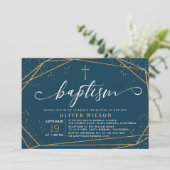 Elegant Gold & Navy Boy Baptism Uitnodiging (Staand voorkant)