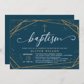 Elegant Gold & Navy Boy Baptism Uitnodiging (Voorkant / Achterkant)