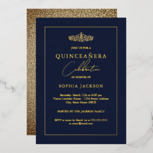 Elegant Gold Navy Quinceanera 15e verjaardag Folie Uitnodiging