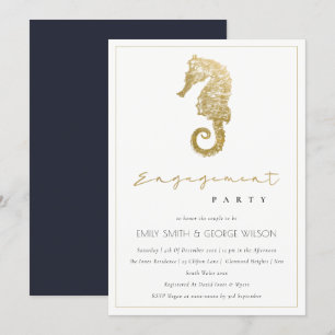 ELEGANT GOLD NAVY SEAHORSE ENGAGEMENT ARTIJ INVITE BEDANKKAART