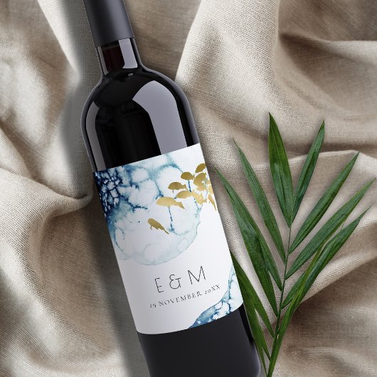 ELEGANT GOLD NAVY UNDERWATER FISH MONOGRAM WEDING WIJN ETIKET