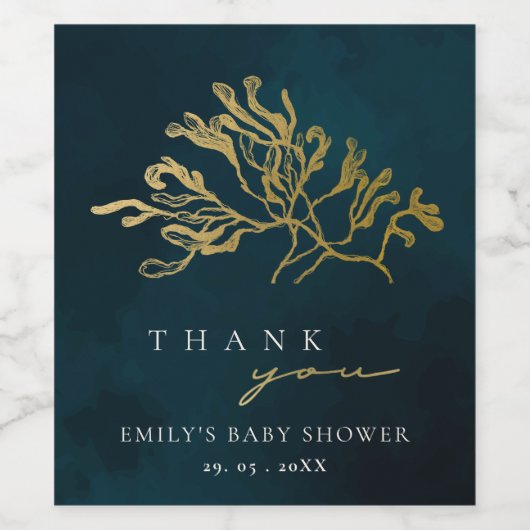 ELEGANT GOLD NAVY UNDERWATER SEAWEEED BABY SHOWER WIJN ETIKET (Enkel label)