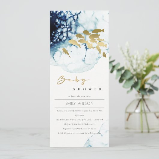 ELEGANT GOLD NAVY UNDERWATER ZEE FISCALE BABY SHOW KAART (Staand voorkant)