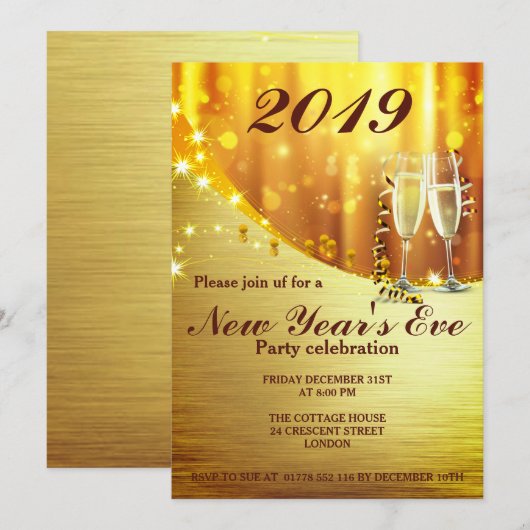 Elegant Gold Nouvel An`s Eve Party Invitation (Devant / Derrière)