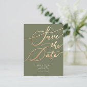 Elegant Gold Olive Green Script Save the Date Aankondigingskaart (Staand voorkant)