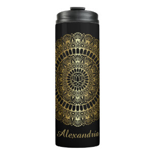 Elegant Gold op Black Lotus Henna Mandala Thermosbeker