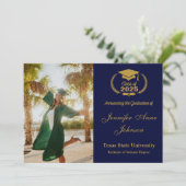 Elegant Gold op Blue Photo Afstuderen Aankondiging (Staand voorkant)