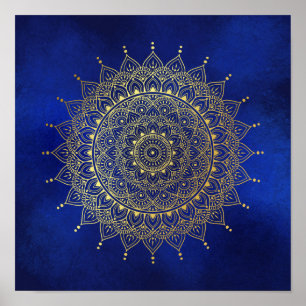Elegant Gold op Deep Blue Floral Henna Mandala Art Poster