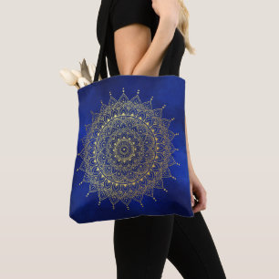 Elegant Gold op Deep Blue Floral Henna Mandala Draagtas