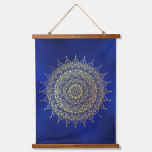 Elegant Gold op Deep Blue Floral Henna Mandala Hangend Wandkleed