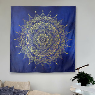 Elegant Gold op Deep Blue Floral Henna Mandala Wandkleed