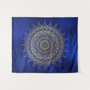 Elegant Gold op Deep Blue Floral Henna Mandala Wandkleed
