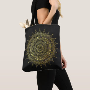 Elegant Gold op Soft Black Floral Henna Mandala Draagtas